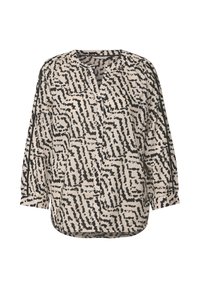 Camicia con bottoni in tessuto leggero, con uno sfondo beige e un motivo astratto nero, maniche a tre quarti e orlo arrotondato.
