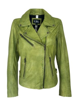 Grüne Leder-Bikerjacke mit asymmetrischem Frontreißverschluss, drei Reißverschlusstaschen und Kragenakzenten mit Druckknöpfen.