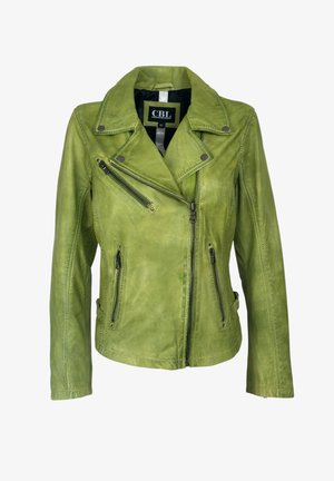 Groene leren bikerjack met asymmetrische voorrits, drie ritszakken en kragen met drukknoopaccenten.