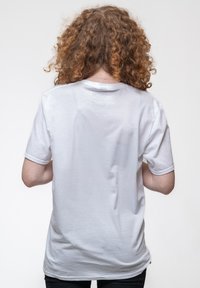 White cotton t-shirt, short sleeves, relaxed fit, smooth texture, plain design, back view, no visible graphics or logos.