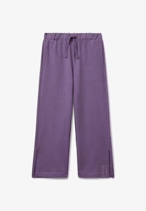 Lila Baumwoll-Sweatpants mit elastischem Bund, Kordelzug, seitlichen Taschen und Schlitzen am Saum. Verfügt über ein Logo-Detail am unteren Ende.