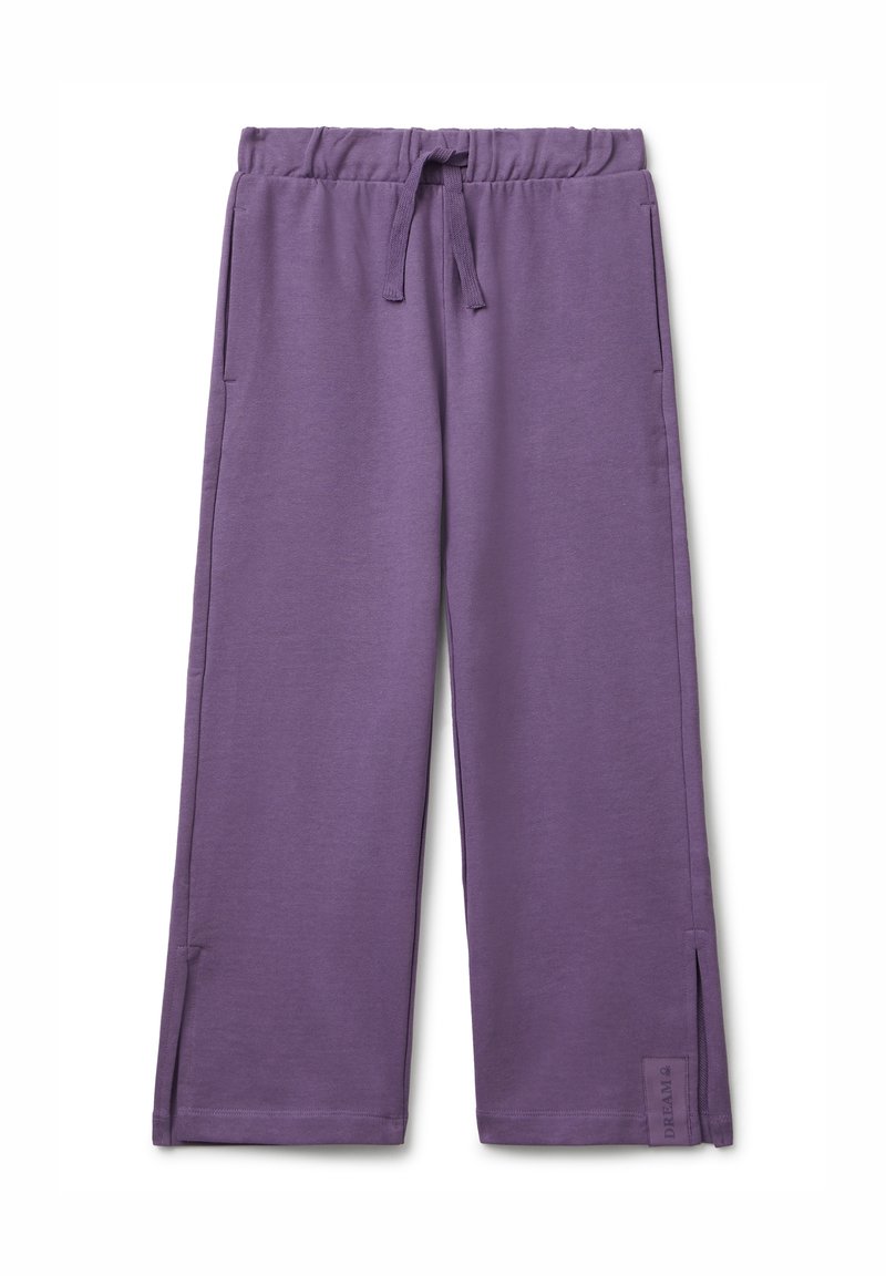 Pantalons de survêtement en coton violet avec une taille élastique, un cordon de serrage, des poches latérales et des fentes à l'ourlet. Présente un accent de logo en bas.