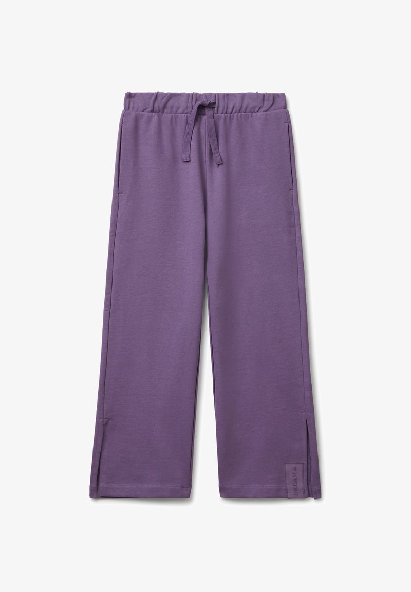 Pantaloni da tuta in cotone viola con vita elastica, cordoncino, tasche laterali e spacchi all'orlo. Presenta un logo in evidenza nella parte inferiore.
