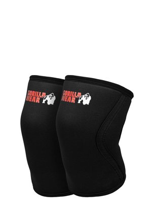 Een paar zwarte kniebeschermers met rood Gorilla Wear-logo en witte gorillagrafiek op elke, ontworpen voor gewrichtsondersteuning tijdens workouts.