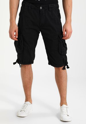 Black cargo shorts with multiple side pockets, adjustable drawstring hems, and a sturdy button closure. Made from lightweight fabric.