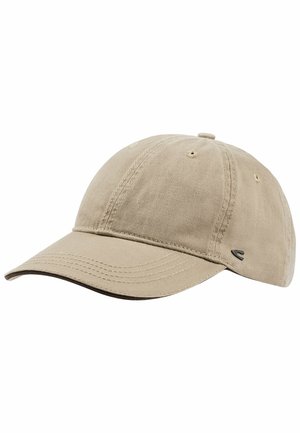 Beige cotton baseball cap with a curved brim, panel stitching, and a small logo detail on the side. Textured fabric with a soft finish.