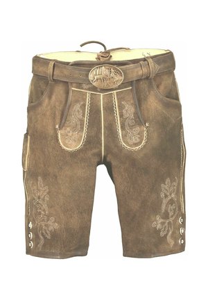 Brune læder traditionelle bayerske shorts med broderede detaljer, forlommer, sideknapper og et bælte med dekorativt metalspænde.
