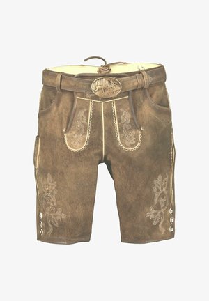 Braune Leder traditionelle bayerische Shorts mit bestickten Details, Fronttaschen, Seitenknöpfen und einem Gürtel mit dekorativer Metallschnalle.