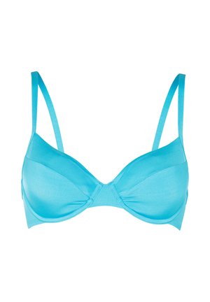 Reggiseno azzurro chiaro con ferretto, spalline sottili regolabili e coppe in tessuto liscio, mostrato su sfondo bianco.