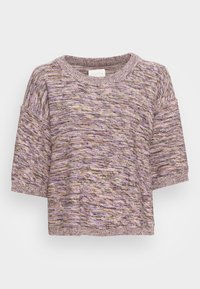 T-shirt z krótkim rękawem wykonany z materiału w strukturze w kolorach lawendy, beżu i brązu, z okrągłym dekoltem i luźnym krojem.