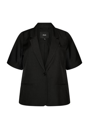 Blazer noir à manches courtes avec fermeture à un bouton, revers crantés et deux poches passepoilées à l'avant, taille 46 par Zizzi.