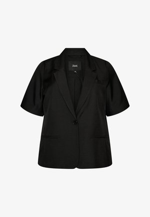 Blazer noir à manches courtes avec fermeture à un bouton, revers crantés et deux poches passepoilées à l'avant, taille 46 par Zizzi.