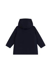 Marineblaue, wasserdichte Jacke mit Kapuze. Verfügt über einen geraden Schnitt, lange Ärmel und eine glatte Textur. Minimalistisches Design ohne sichtbare Beschläge.