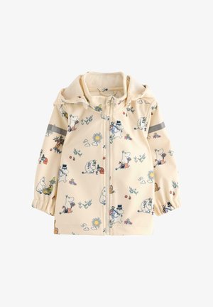 Giacca beige per bambini con cappuccio, cerniera frontale, polsini elastici, strisce riflettenti sulle maniche e stampa del personaggio Moomin con piante e sole.