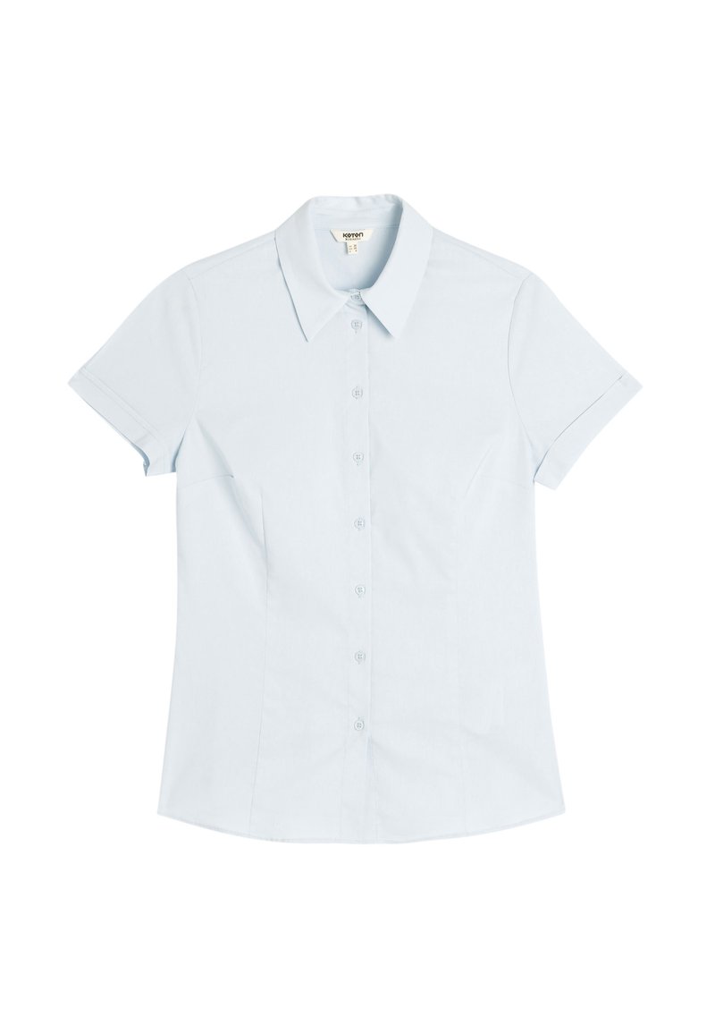 Lichtblauwe short-sleeve button-up shirt met een klassieke kraag, voorknopen en een getailleerde vorm. Gemaakt van soepele, lichte stof.