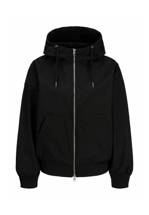 Schwarze Kapuzenjacke mit Frontreißverschluss, Kordelzug an der Kapuze, langen Ärmeln mit Bündchen und Fronttaschen.