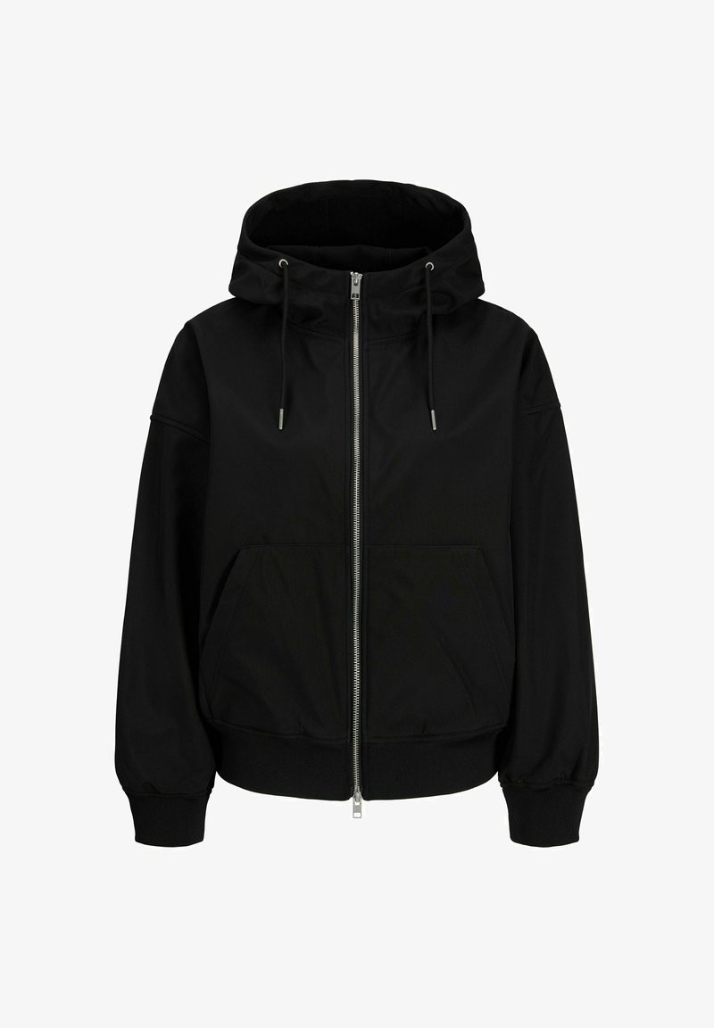 Veste noire à capuche avec fermeture éclair frontale, capuche à cordon, manches longues avec poignets et poches avant.