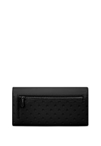 Black wallet made of textured leather with a smooth top and a zippered pocket. Features embossed dot pattern across the surface.