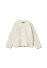 Pletený cardigan v krémové barvě, s texturovaným vzorem, výstřihem do V, žebrovanými manžetami a pěti knoflíky vpředu.