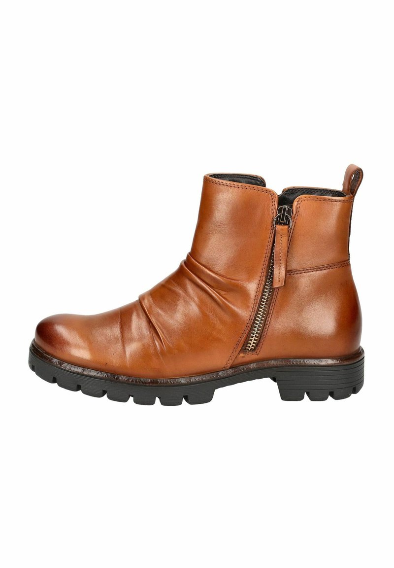 Bottes chelsea en cuir marron avec un design épuré, dotées d'une fermeture éclair sur le côté et d'une tige texturée, d'un avant rehaussé et d'une épaisse semelle en caoutchouc noir.