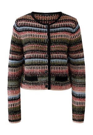 Buttoned knit cardigan with horizontal stripes in pink, black, olive, and light blue, featuring two front pockets and a round neckline.
