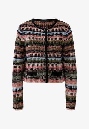 Buttoned knit cardigan with horizontal stripes in pink, black, olive, and light blue, featuring two front pockets and a round neckline.