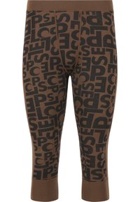 Braune Leggings mit auffälligem schwarzen Textmuster, fitted Design, in 3/4-Länge und elastischem Bund für eine enge Passform.