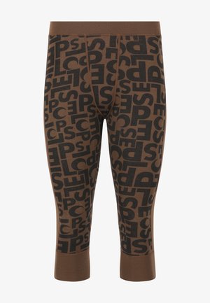 Leggings bruns avec un motif textuel noir audacieux, au design ajusté, longueur mi-mollet et taille élastique pour un maintien confortable.