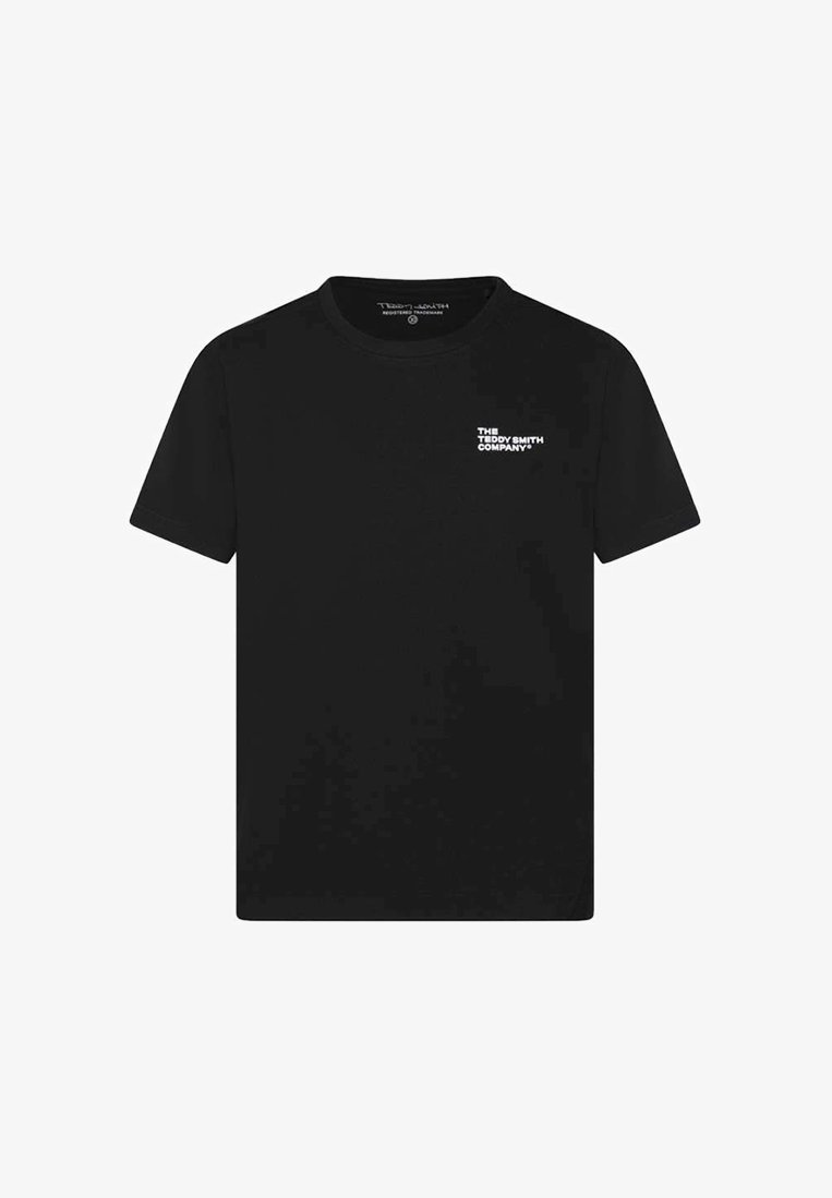 T-shirt noir à manches courtes avec un petit texte blanc "THE TEDDY SMITH COMPANY" sur le côté gauche de la poitrine.