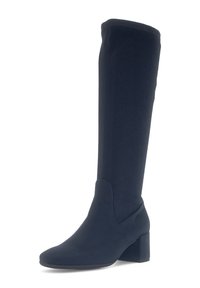 Stivali in blu navy al di sopra del ginocchio, realizzati in tessuto morbido, con tacco a blocco e un design liscio e senza cuciture, senza hardware visibile.