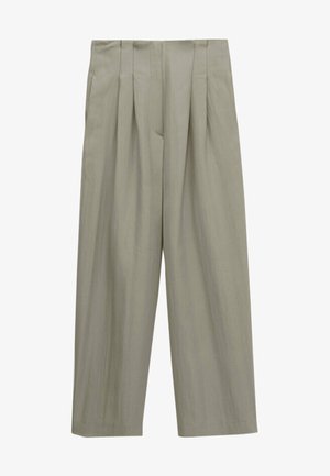 Beige, hoch taillierte, weit geschnittene Hose mit vorderen Falten und Seitentaschen aus leichtem Stoff.