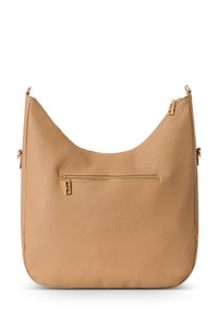 Borsa a spalla in ecopelle beige con parte superiore curva, tasca esterna con cerniera e dettagli in hardware dorato. Texture liscia e design spazioso.