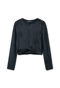 Czarny krótki top z długim rękawem z miękkiego materiału o prążkowanej teksturze, z wiązanym detalem z przodu i okrągłym dekoltem.