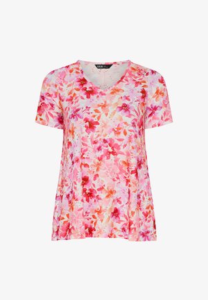 Top de mujer de manga corta con escote en V y estampado floral en tonos rosa, rojo y naranja sobre fondo blanco.