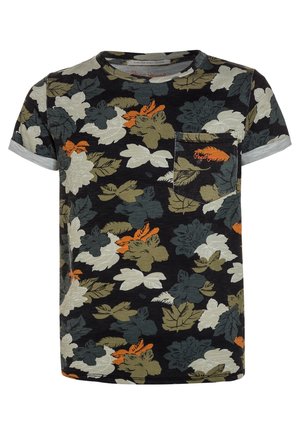 Czarny T-shirt z krótkim rękawem z dużymi wzorami kwiatowymi w kolorach oliwkowym, szarym, białym i pomarańczowym oraz małą przednią kieszenią z pomarańczowym, haftowanym napisem.