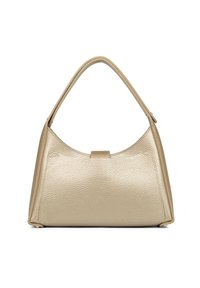 Borsa in pelle dorata con una forma strutturata, texture liscia e manico curvo. Caratterizzata da un dettaglio centrale di chiusura e base piatta.