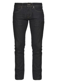 Tummansiniset denimfarkut slim fit -mallilla, kontrastivärisillä keltaisilla saumoilla ja viiden taskun designilla. Varustettu napillakin ja vyölenkeillä.