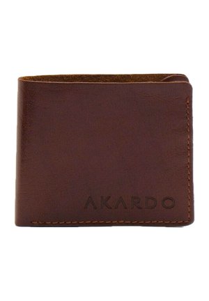 Brown leather wallet with textured surface, featuring the embossed brand name "AKARDO" and subtle stitching detail. Compact and rectangular design.