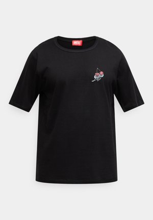 Tricou negru din bumbac cu mâneci scurte, decolteu rotund și un grafic cu cireșe și textul „Diesel” pe partea din față.