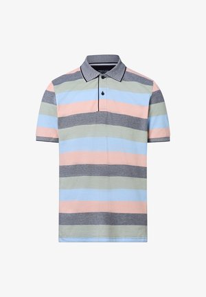 Polo avec des rayures horizontales en rose pastel, bleu, vert et gris. Col classique avec détails de boutons et bordure contrastante.
