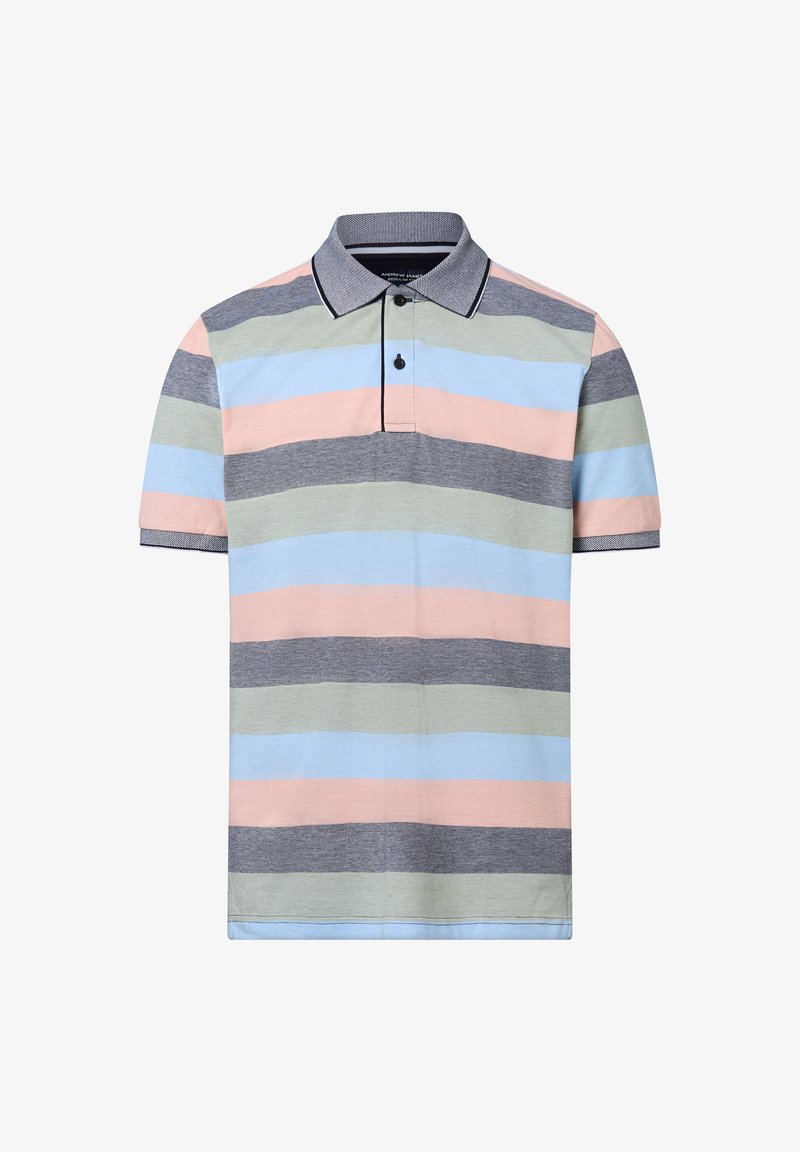 Polo shirt met horizontale strepen in pastelroze, blauw, groen en grijs. Klassieke kraag met knoopdetail en contrasterende afwerking.