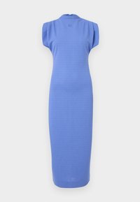 Blue, fitted dress with a high neckline, short sleeves, and a knee-length hem. Made from a smooth fabric with a subtle texture.