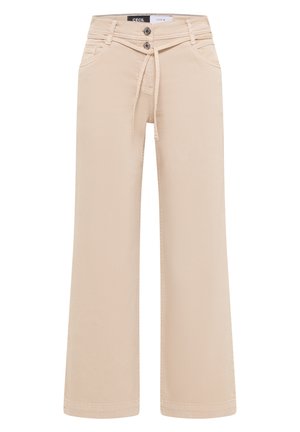 Beige weite Hose aus weichem Material mit doppeltem Knopfverschluss und Kordelzug. Enthält Fronttaschen und gestickte Säume.