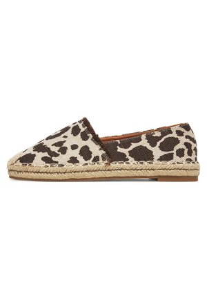 Leopard print canvas espadrille with a natural jute sole, featuring a round toe and stitched detailing along the upper edge.