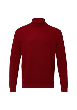 Maglione a collo alto rosso con un motivo di maglia testurizzato. Maniche lunghe, polsini e orlo a coste. Presenta un colletto alto per un ulteriore calore.