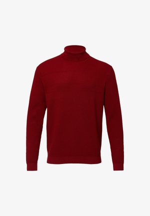 Maglione a collo alto rosso con un motivo di maglia testurizzato. Maniche lunghe, polsini e orlo a coste. Presenta un colletto alto per un ulteriore calore.