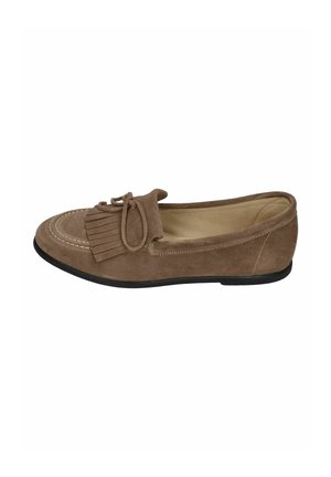 Brown suede women's loafer with fringe detail and bow on top, flat black sole, and beige interior lining.