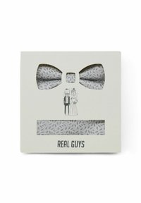 Gray bowtie with leaf pattern, displayed in box. Text below reads "REAL GUYS." Front features simple illustrations of a couple.