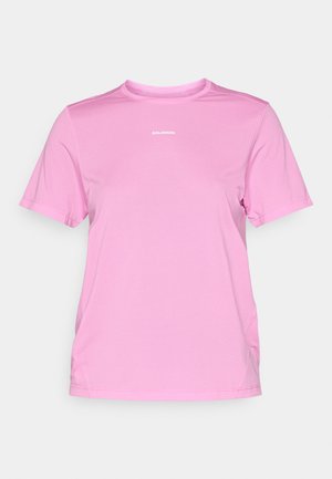 Pink moisture-wicking athletic t-shirt with short sleeves and a crew neck, featuring a subtle textured pattern and a white logo on the front.