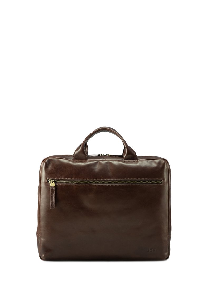 Bolsa de cuero marrón para portátil con doble asa, un bolsillo delantero con cremallera y una textura suave. Presenta un sutil logotipo en el costado.